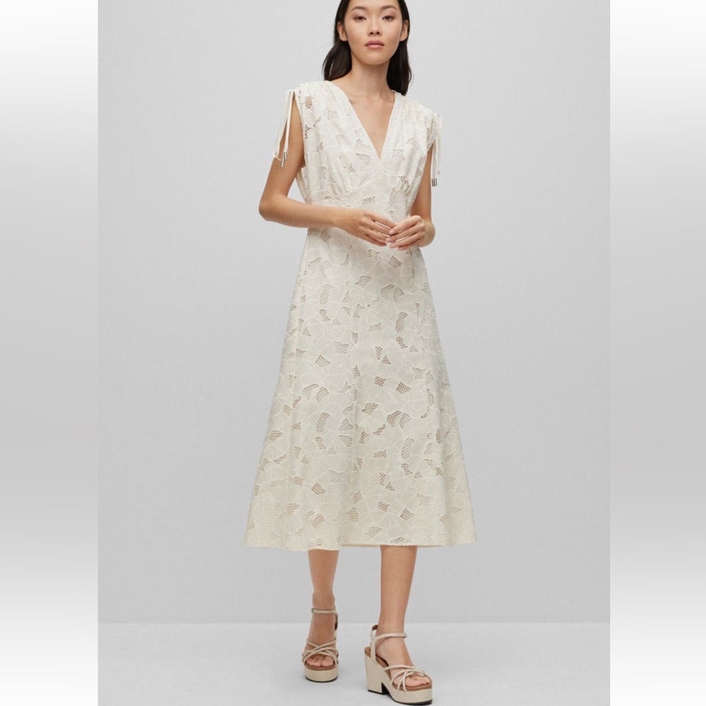 BOSS Dipata White Embroidered Cotton Blend V Neck Midi Dress Size 8 Medium